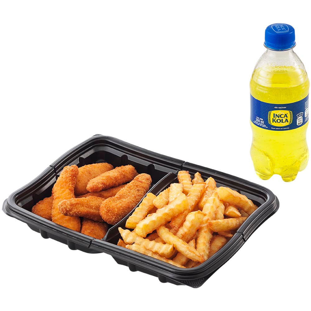 Dedos de Pollo + Papas Fritas + Gaseosa 300ml Dedos de Pollo + Papas Fritas + Inka Cola Zero 300ml