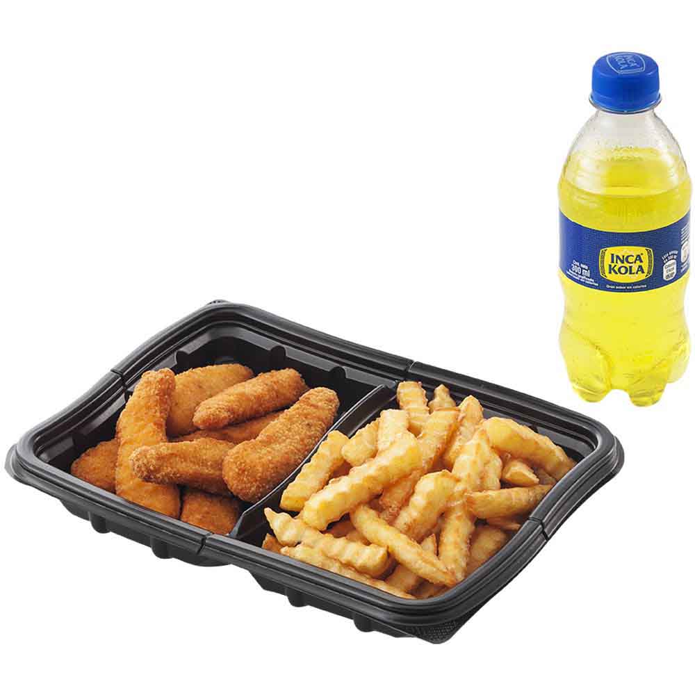 Dedos de Pollo + Papas Fritas + Gaseosa 300ml Dedos de Pollo + Papas Fritas + Inka Cola Regular 300ml