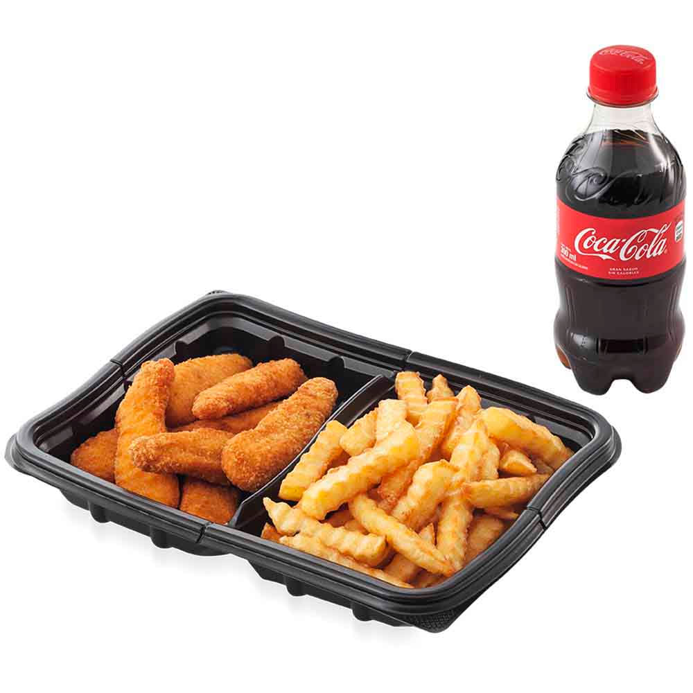 Dedos de Pollo + Papas Fritas + Gaseosa 300ml Dedos de Pollo + Papas Fritas + Coca Cola Regular 300ml