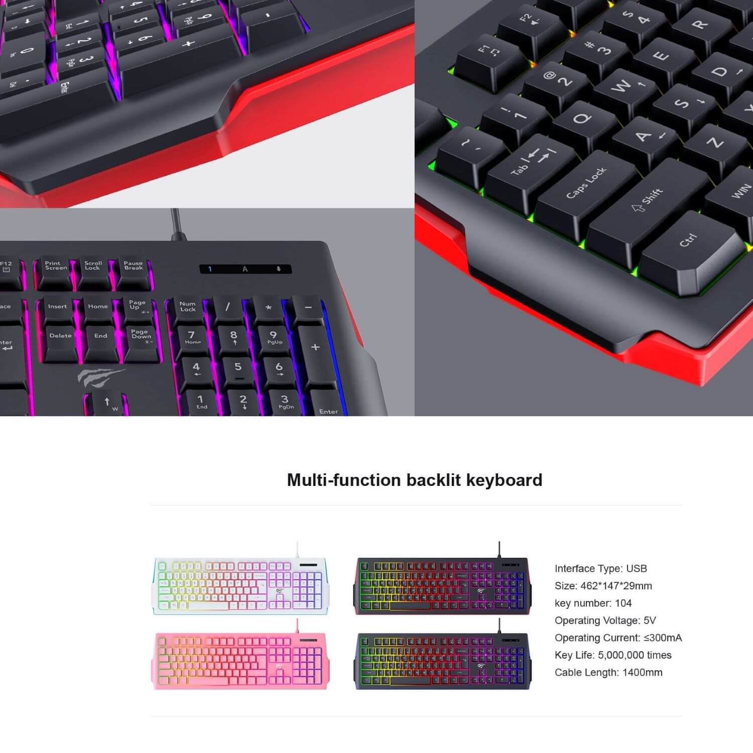 Teclado Gamer de membrana RGB GAMENOTE Havit KB866L, con cable, retroiluminadas, c/Negro