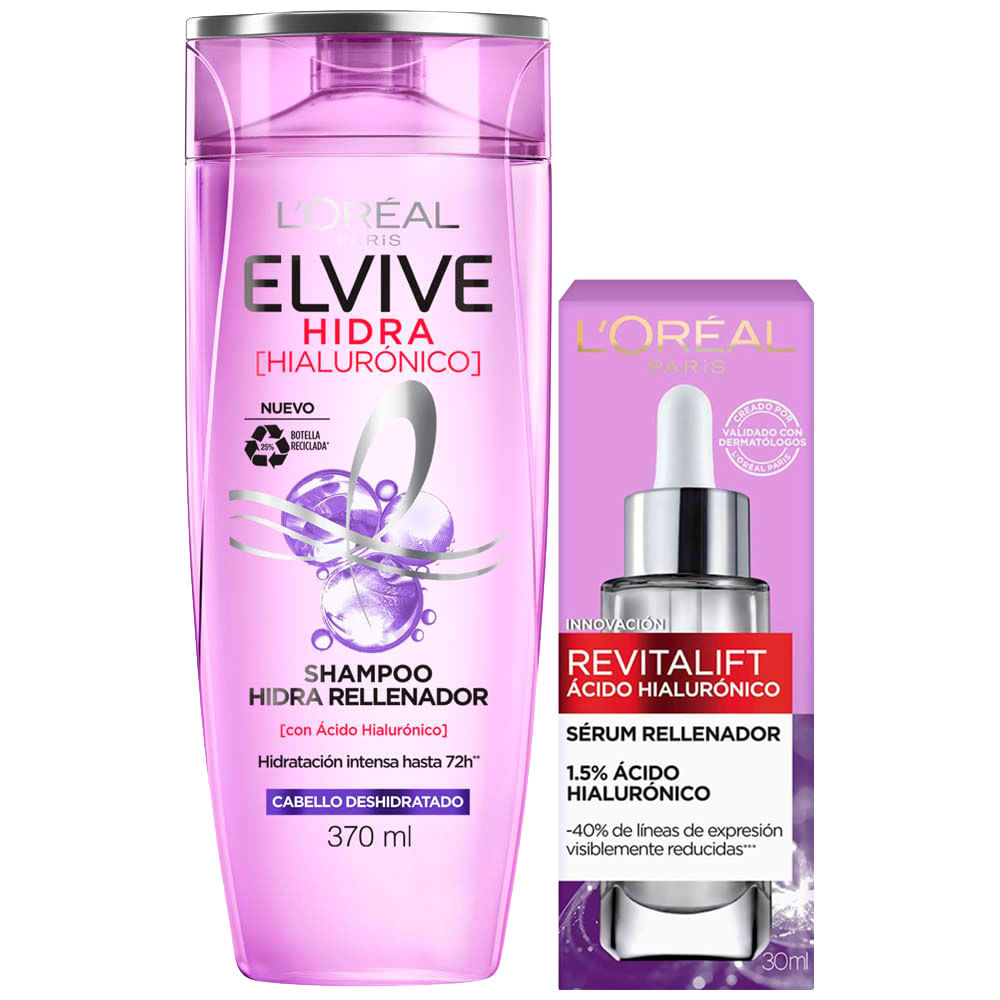 Pack Crema de Tratamiento L'OREAL Revitalift Frasco 30ml + Shampoo ELVIVE Ácido Hialurónico Frasco 370ml