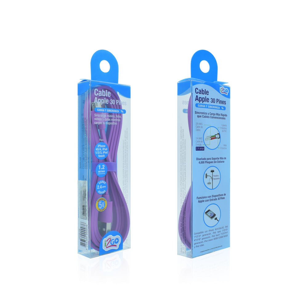 Cable Compatible con Apple de 30 Pin 1.2 Mt Morado i2Go