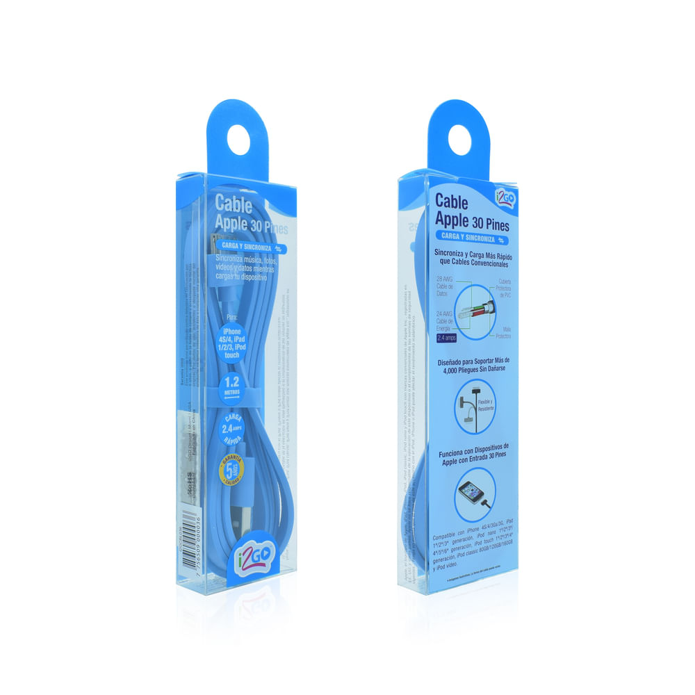 Cable Compatible con Apple de 30 Pin 1.2 Mt Celeste i2Go
