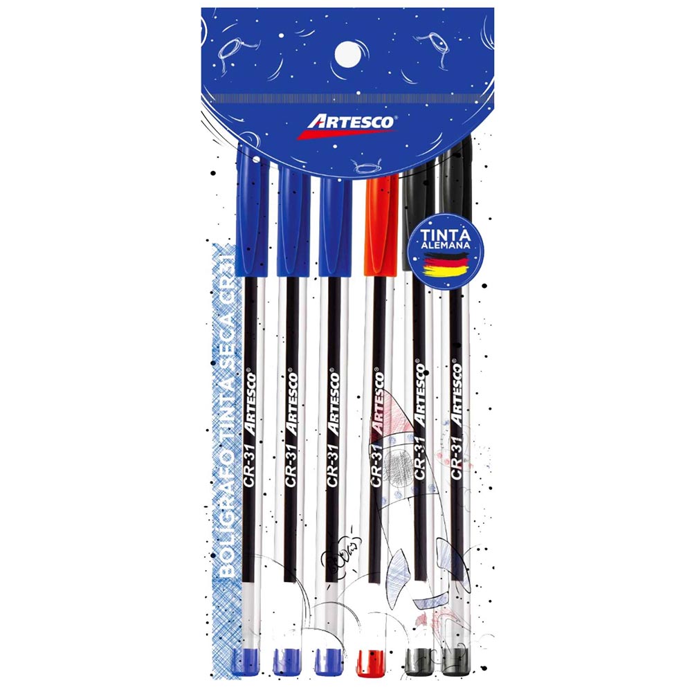 Lapiceros ARTESCO CR-31 Azul, Negro y Rojo Blister 6un