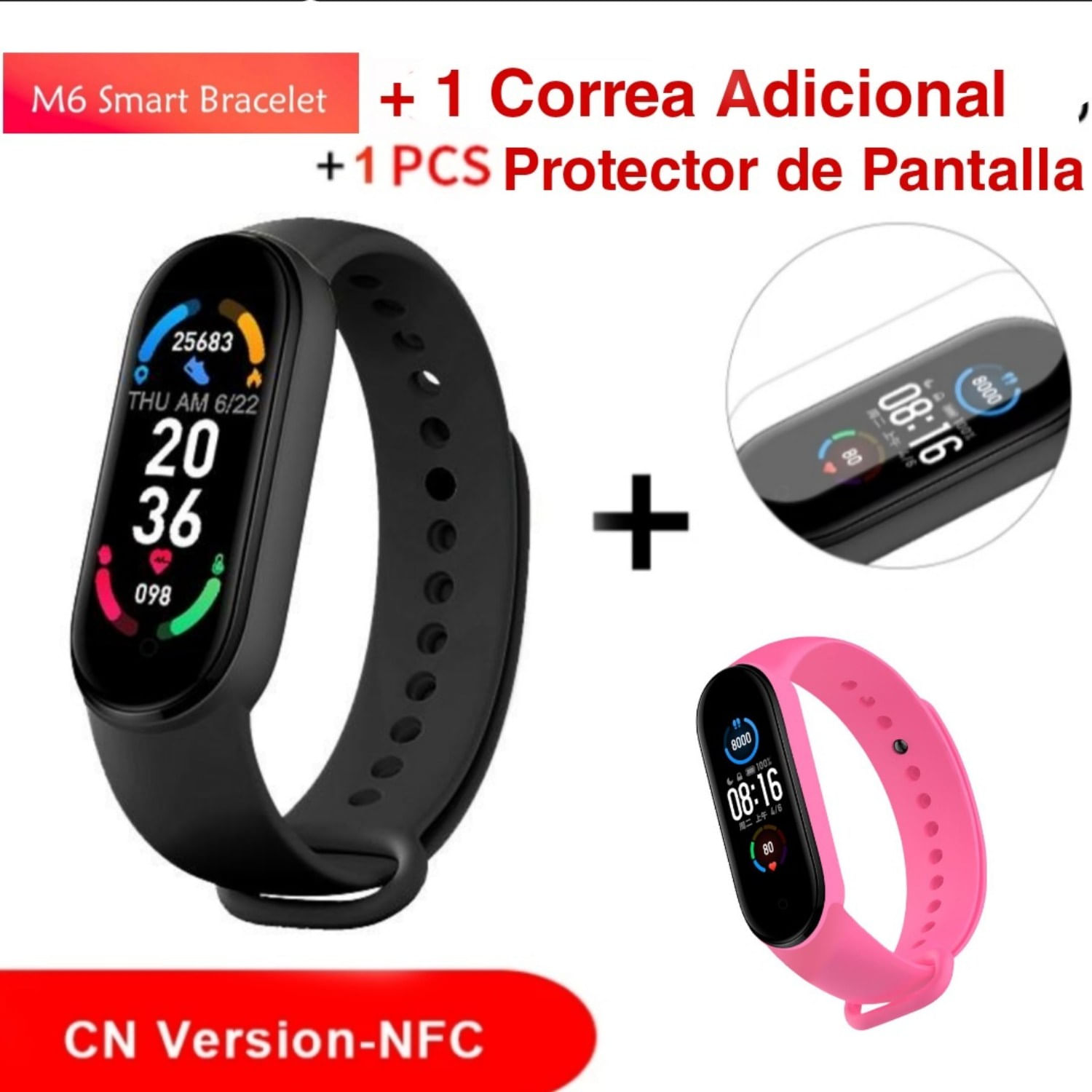 Smart Band M6 Multifunciones + Mica + Pulsera Fucsia