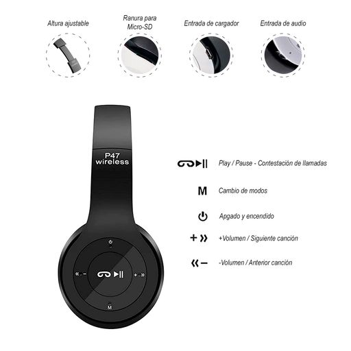 Audífonos Inalámbricos Bluetooth P47 Negro