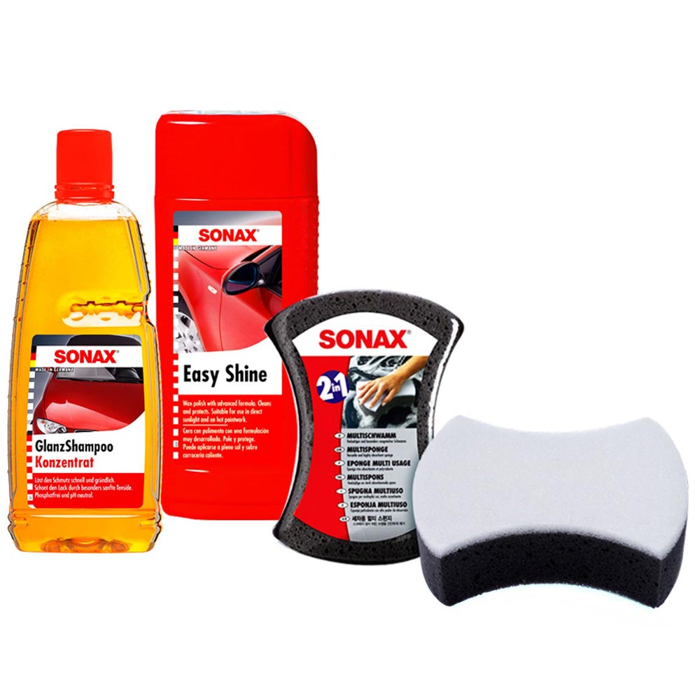 Kit SONAX Champú Car Wash + Cera Easy Shine + Esponja Doble Cara