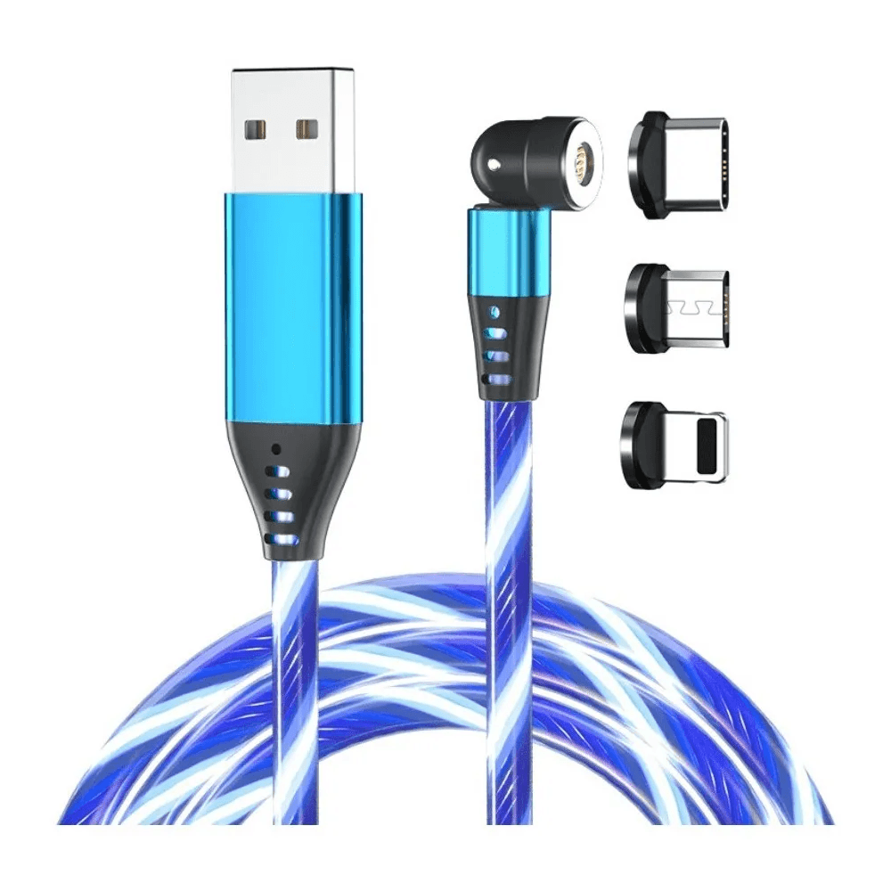 Cable Cargador LED Magnético 3A GREENPORT 3A /540° MicroUsb + Tipo C+ IOS - AZUL 2M
