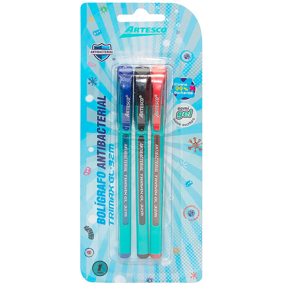 Lapiceros ARTESCO Trimax GL-32m Antibacterial Paquete 3un