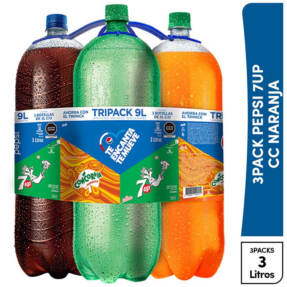 Gaseosa PEPSI + 7UP + CONCORDIA Naranja Botella 3L Paquete 3un