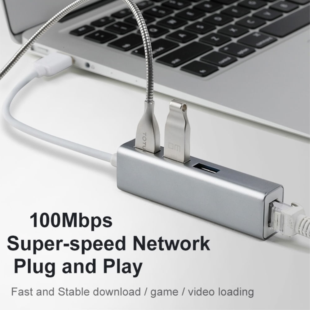 Adaptador de Red Tipo USB a Rj45 LAN con 3 USB 2.0 Windows Mac - ALUMINIO