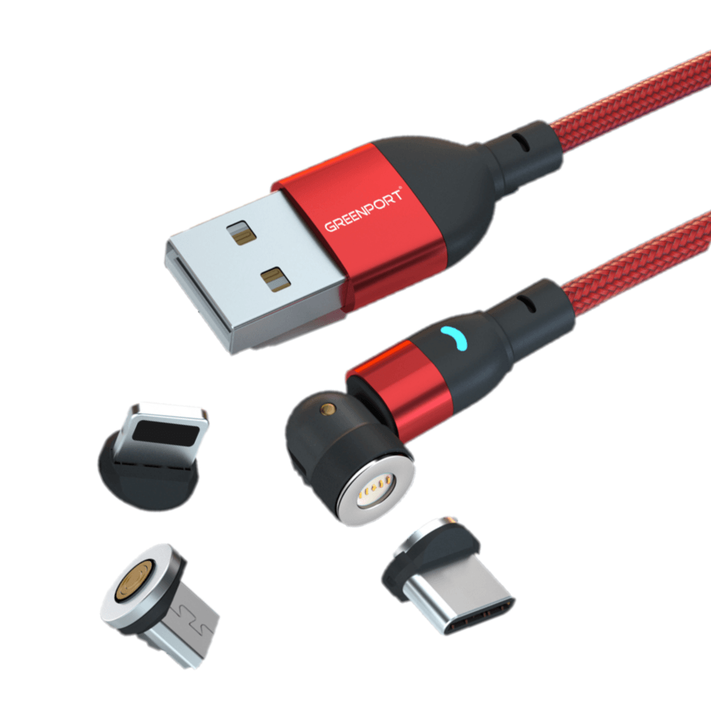 Cable Cargador Magnético 3A Greenport 540 MicroUsb Tipo C Ios Rojo 1M