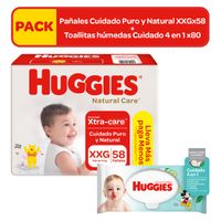 Pack HUGGIES Pañales Bebé Natural Care Talla XXG Paquete 58un + Toallitas Húmedas Bebé CUIDADO 4 EN 1 Paquete 80un