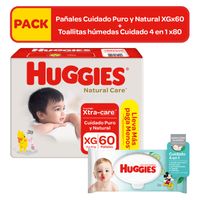 Pack HUGGIES Pañales Bebé Natural Care Talla XG Paquete 60un + Toallitas Húmedas Bebé CUIDADO 4 EN 1 Paquete 80un