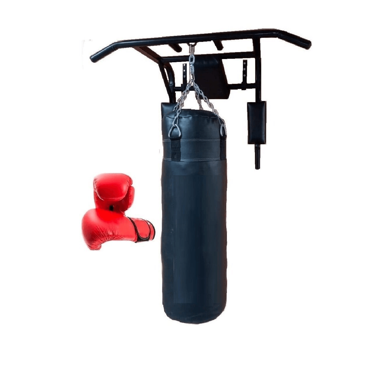 Barra Dominada con Saco de Boxeo de 120 CM. con Guantes y Cadena