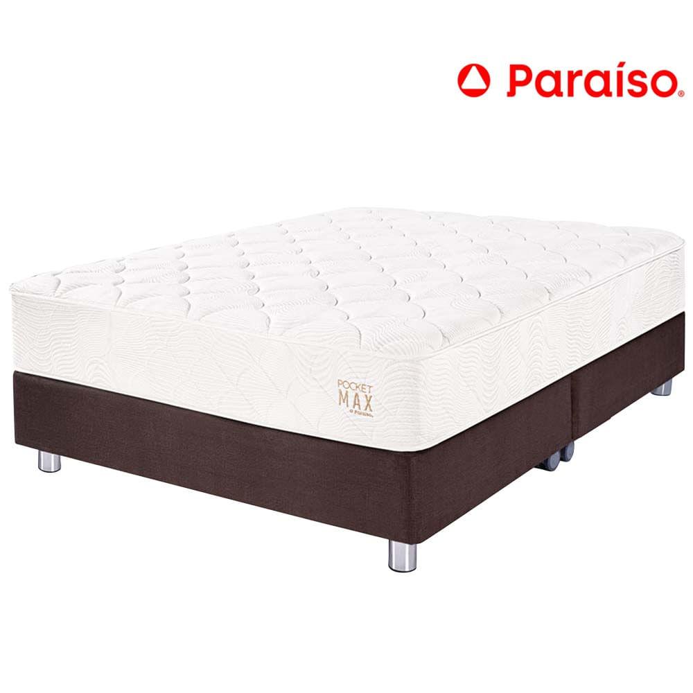 Cama Box Tarima PARAISO Pocket Max Chocolate Queen + 2 Almohadas + Protector