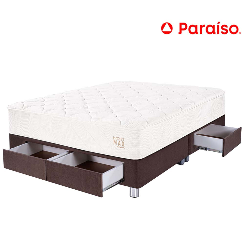 Cama Box Tarima 4 Cajones PARAISO Pocket Max Chocolate King + 2 Almohadas + Protector