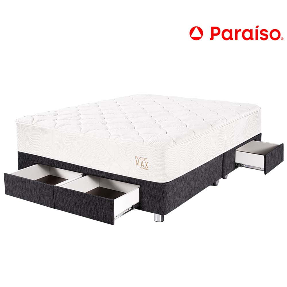 Cama Box Tarima 4 Cajones PARAISO Pocket Max Charcoal Queen + 2 Almohadas + Protector