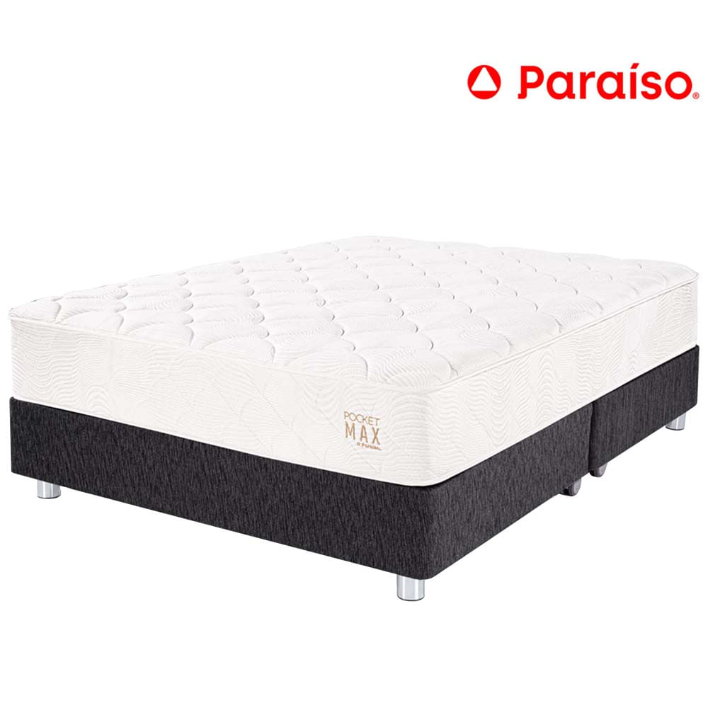 Cama Box Tarima PARAISO Pocket Max Charcoal Queen + 2 Almohadas + Protector