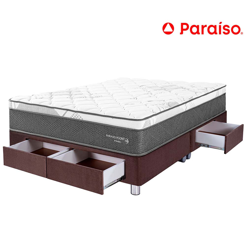 Cama Box Tarima 4 Cajones PARAISO Pocket Star Chocolate King + 2 Almohadas + Protector