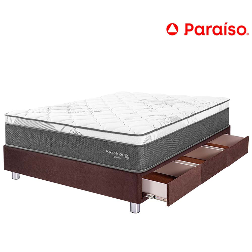 Cama Box Tarima 3 Cajones PARAISO Pocket Star Chocolate 1.5 Plazas + 1 Almohada + Protector