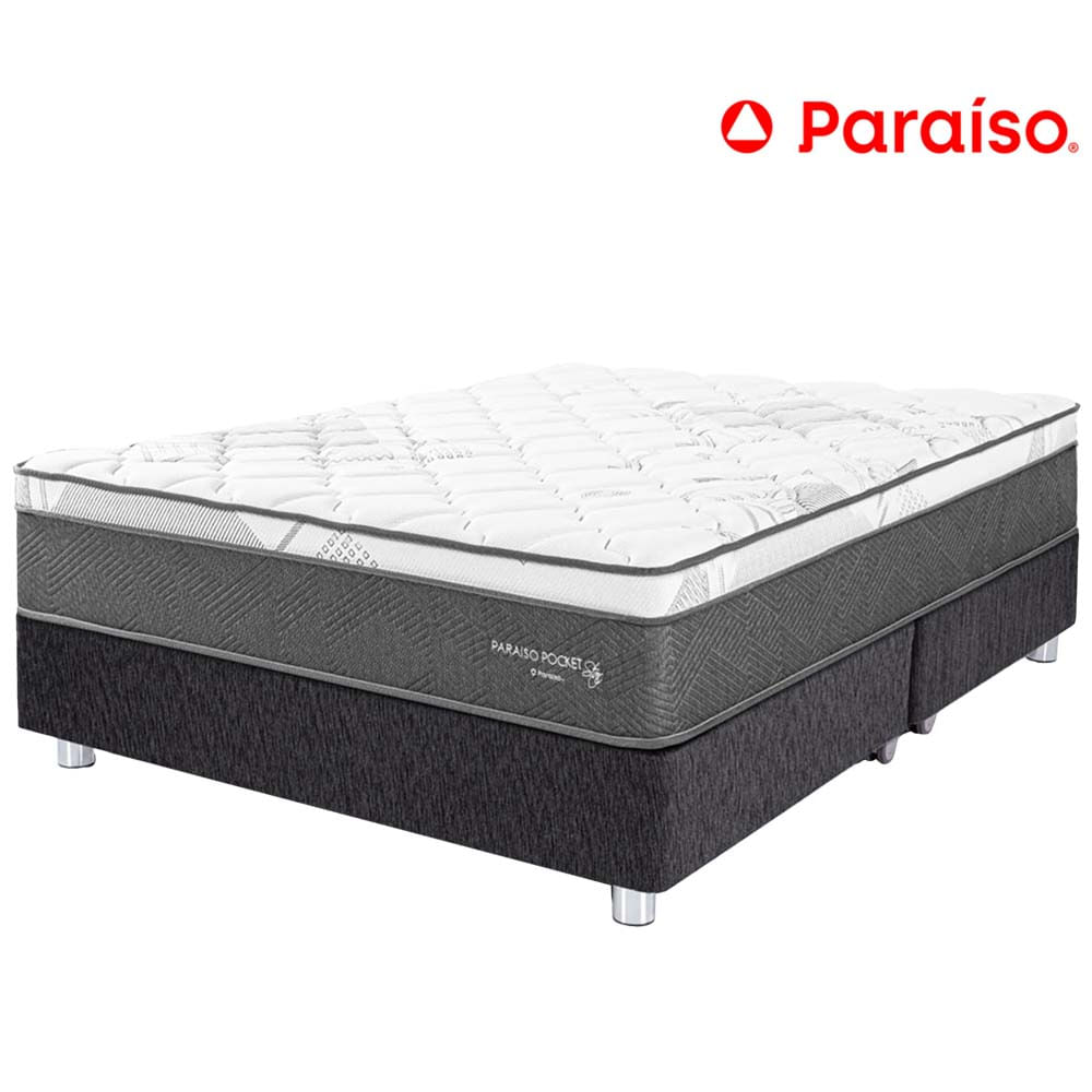 Cama Box Tarima PARAISO Pocket Star Charcoal Queen + 2 Almohadas + Protector