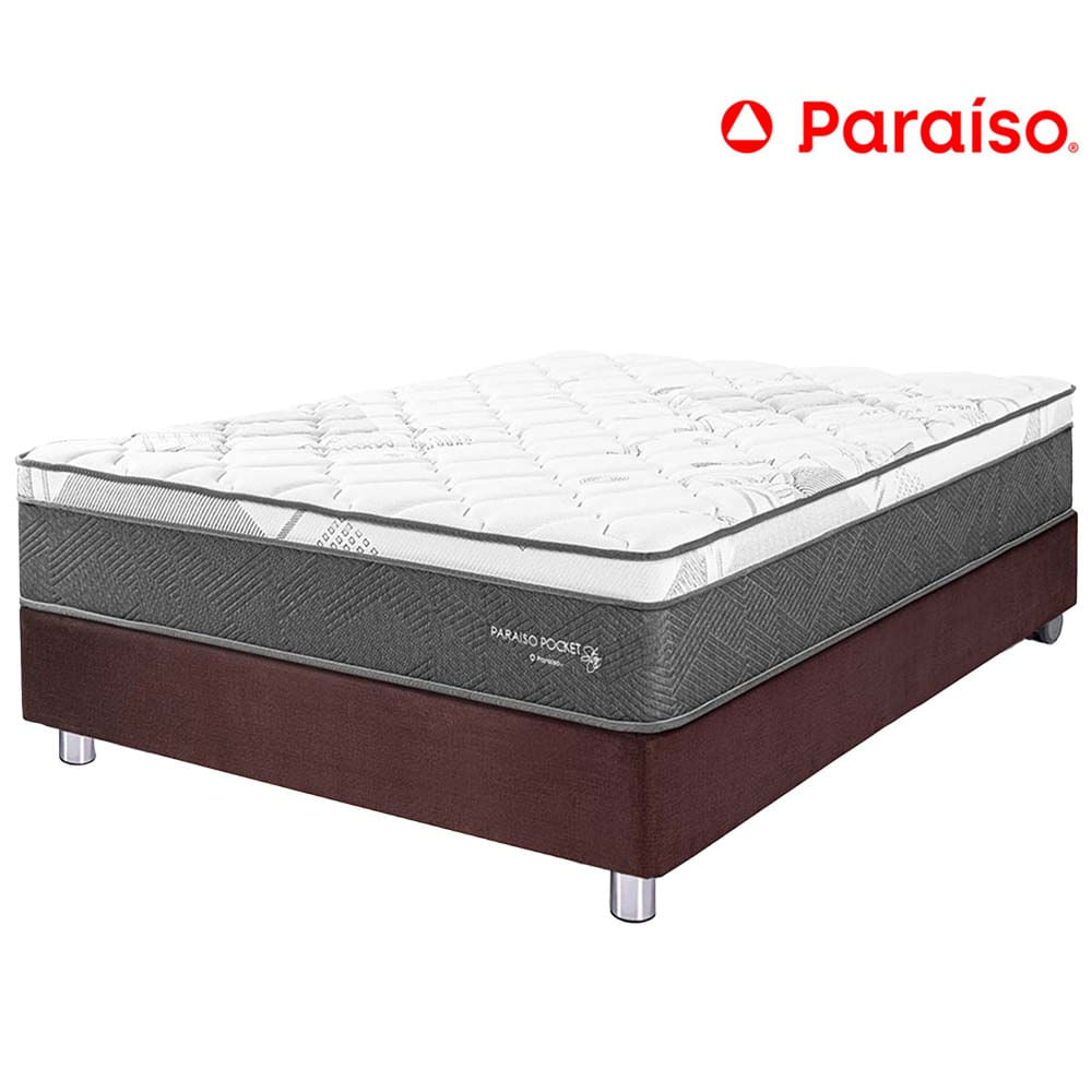 Cama Box Tarima PARAISO Pocket Star Chocolate 2 Plazas + 2 Almohadas + Protector