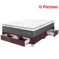 Cama Box Tarima 4 Cajones PARAISO Pocket Star Chocolate Queen + 2 Almohadas + Protector