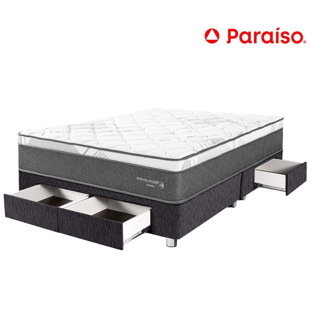 Cama Box Tarima 4 Cajones PARAISO Pocket Star Charcoal King + 2 Almohadas + Protector