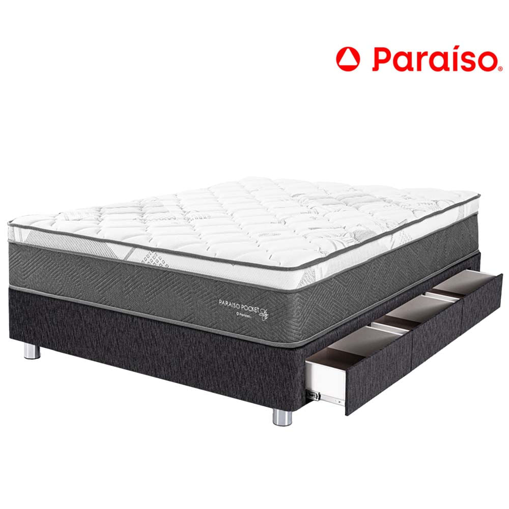 Cama Box Tarima 3 Cajones PARAISO Pocket Star Charcoal 1.5 Plazas + 1 Almohada + Protector