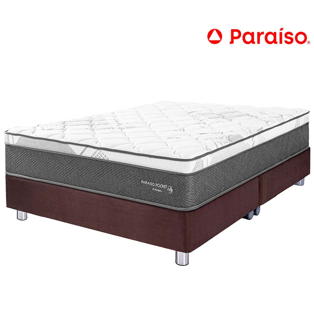 Cama Box Tarima PARAISO Pocket Star Chocolate Queen + 2 Almohadas + Protector
