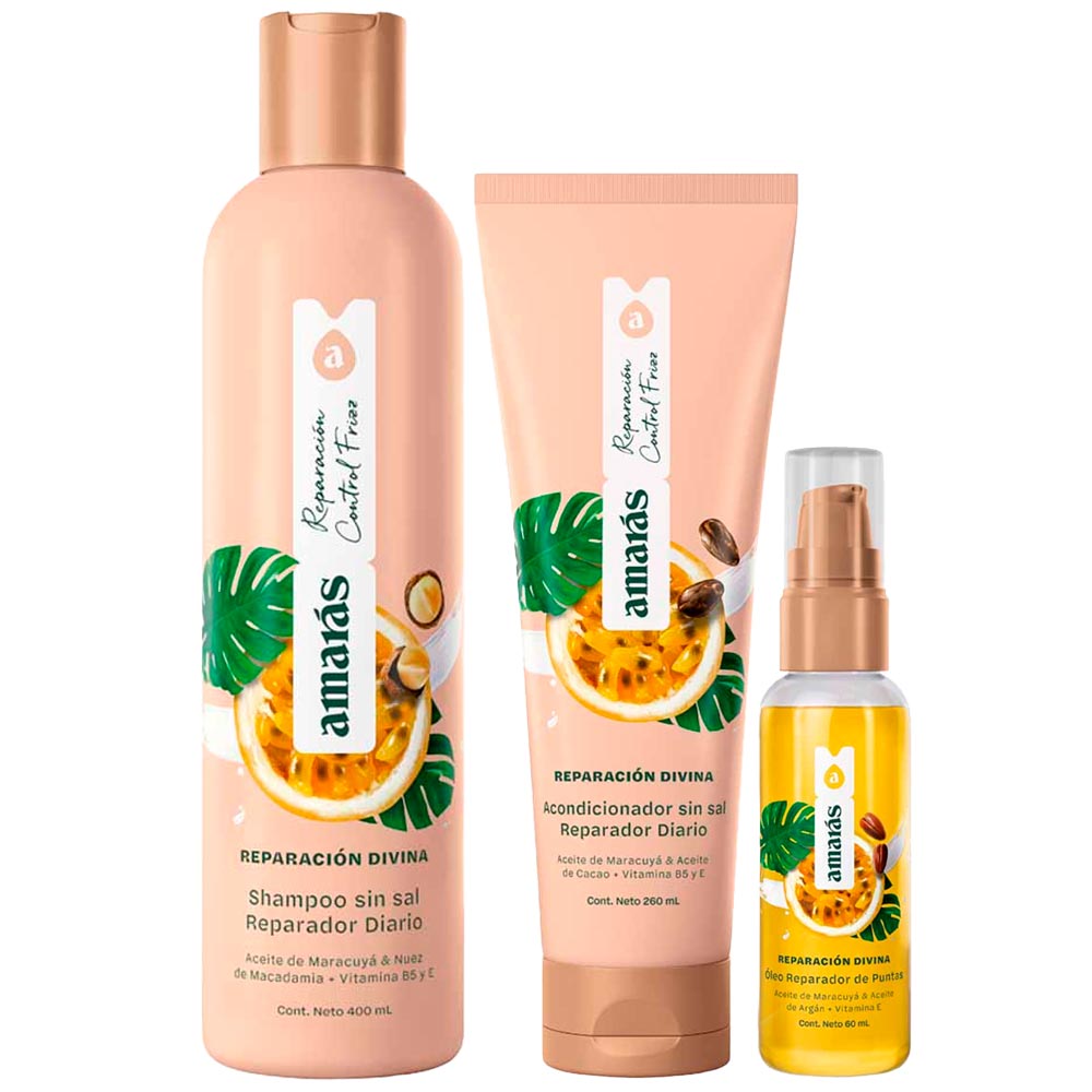 Pack AMARÁS Reparación Divina: Shampoo Frasco 400ml + Acondicionador Frasco 260ml + Óleo para Puntas Frasco 60ml