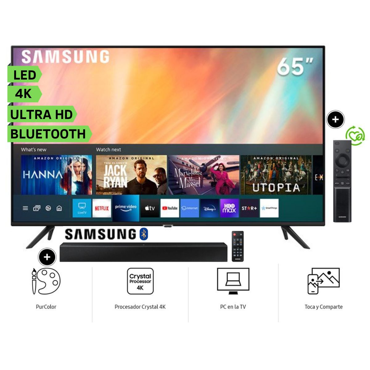 Televisor Samsung LED Smart TV Crystal Ultra HD 4K 65"" UN65AU7090GXPE mas SOUNDBAR