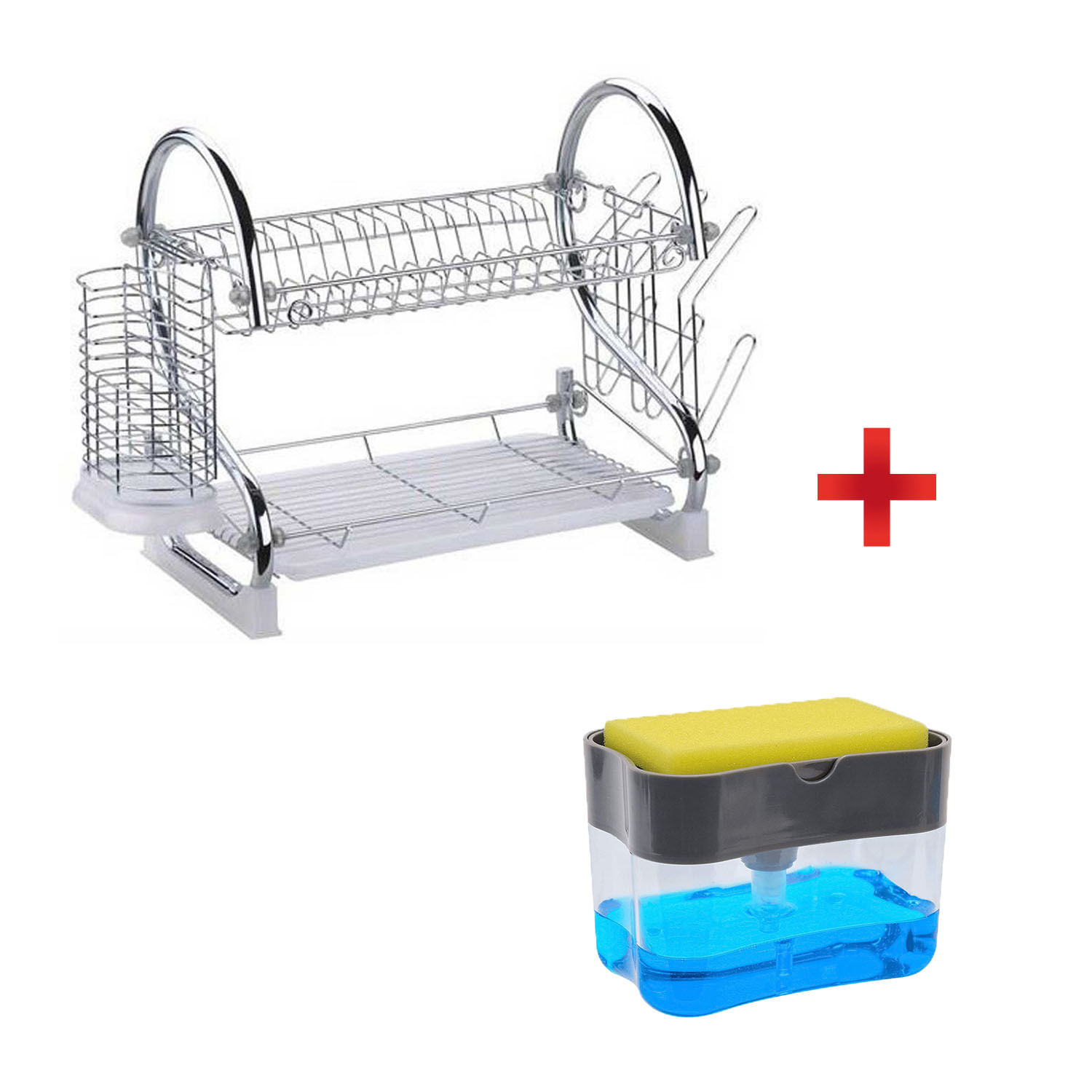 Combo Hogar Escurridor para Platos 2 Niveles + Dispensador para Jabón + Esponja