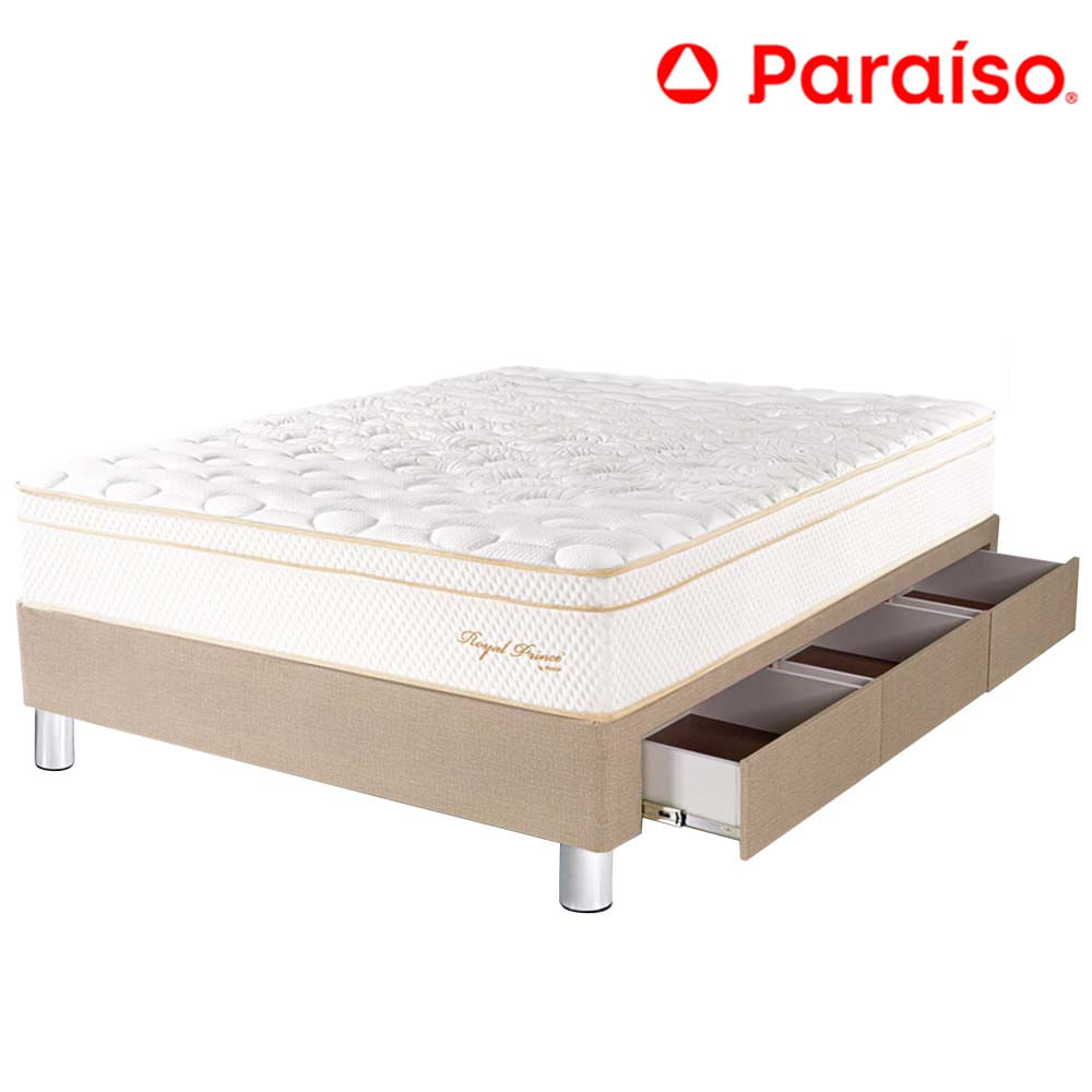 Cama Box Tarima 3 Cajones PARAISO Royal Prince Champagne 1.5 Plazas + 1 Almohada Viscoelástica