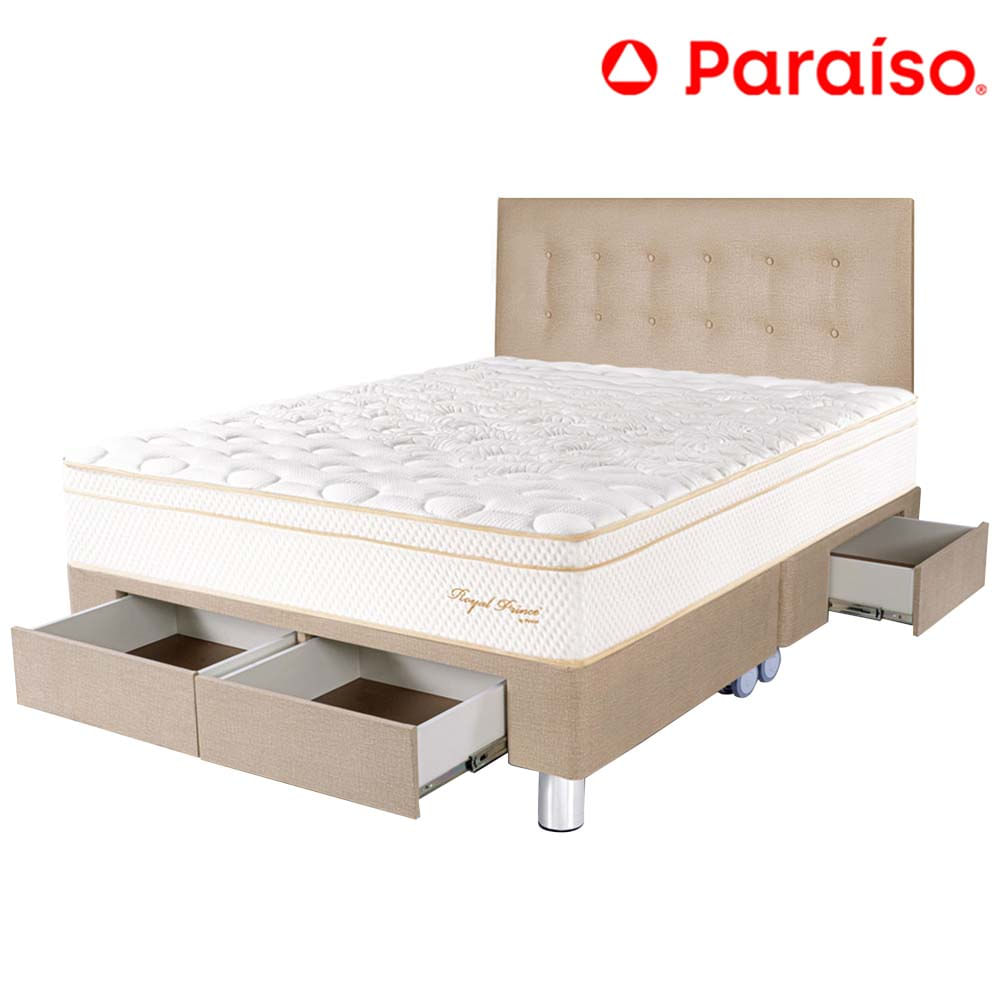 Dormitorio 4 Cajones PARAISO Royal Prince Champagne Queen + 2 Almohadas Viscoelásticas