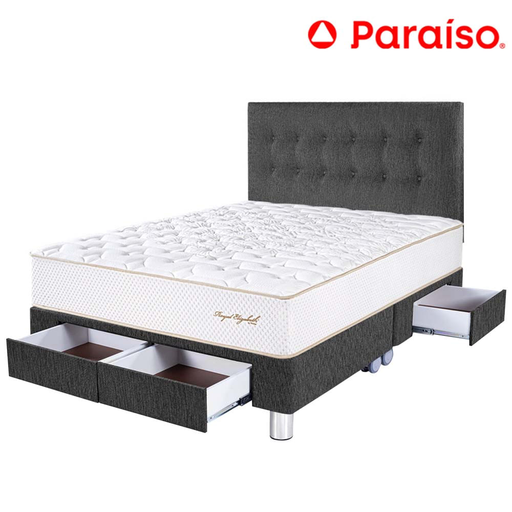 Dormitorio 4 Cajones PARAISO Royal Elizabeth Gris Queen +2 Almohadas Viscoelásticas