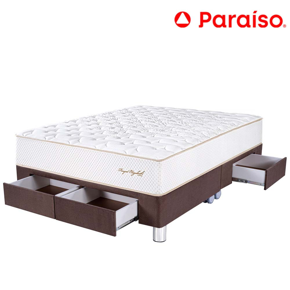 Cama Box Tarima 4 Cajones PARAISO Royal Elizabeth Chocolate Queen +2 Almohadas Viscoelásticas