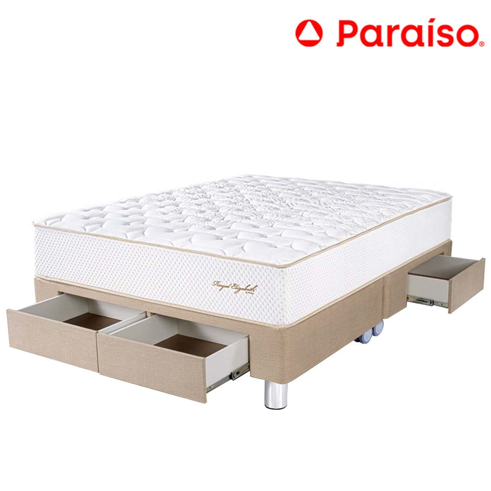 Cama Box Tarima 4 Cajones PARAISO Royal Elizabeth Champagne Queen +2 Almohadas Viscoelásticas
