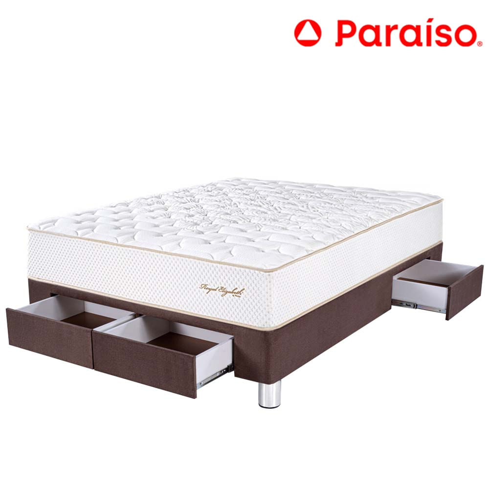 Cama Box Tarima 4 Cajones PARAISO Royal Elizabeth Chocolate 2 Plazas +2 Almohadas Viscoelásticas