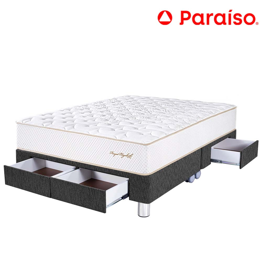 Cama Box Tarima 4 Cajones PARAISO Royal Elizabeth Gris Queen +2 Almohadas Viscoelásticas