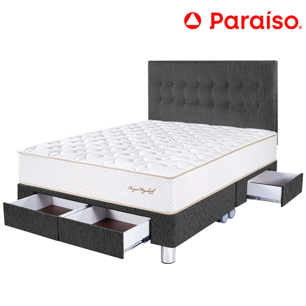 Dormitorio 4 Cajones PARAISO Royal Elizabeth Gris King +2 Almohadas Viscoelásticas
