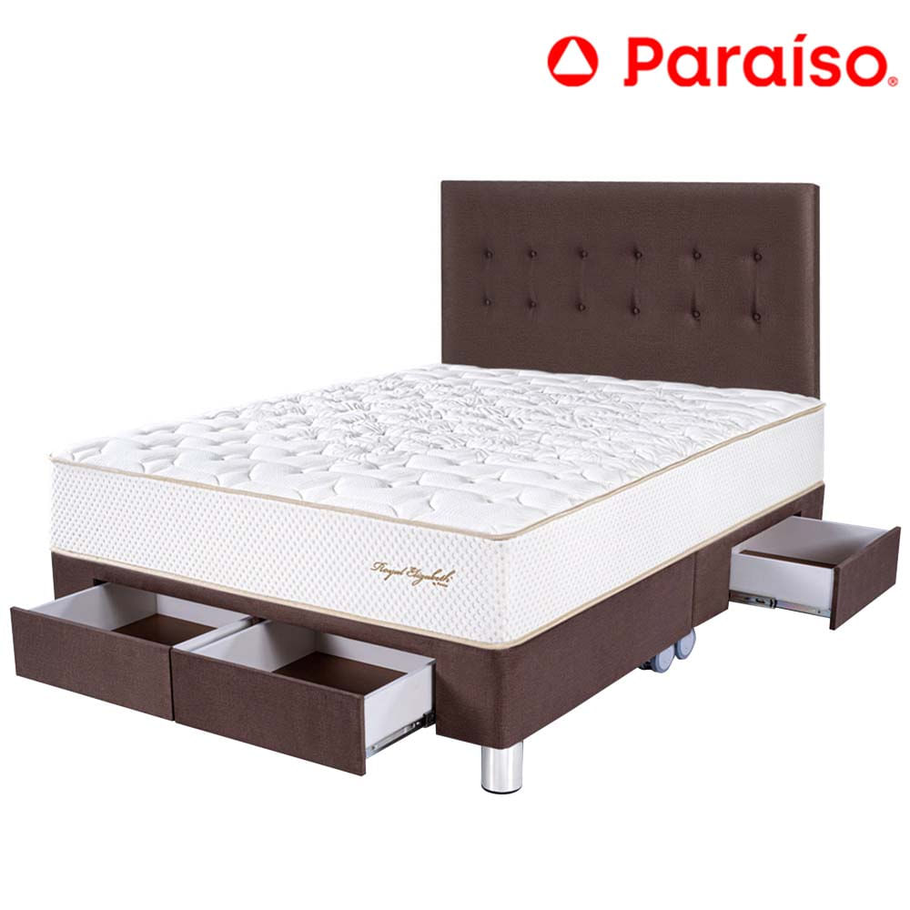 Dormitorio 4 Cajones PARAISO Royal Elizabeth Chocolate Queen +2 Almohadas Viscoelásticas