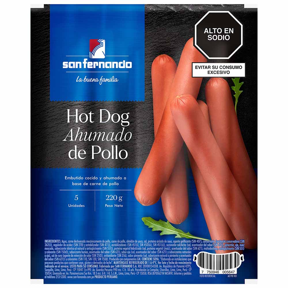 Hot Dog Ahumado de Pollo SAN FERNANDO Paquete 220g