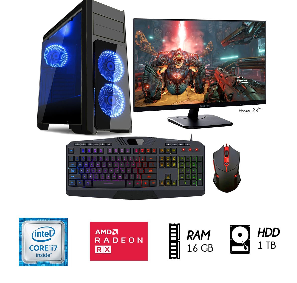 PC Core I7 Ram 16GB HDD 1TB+SSD 480GB RX 8GB M24""