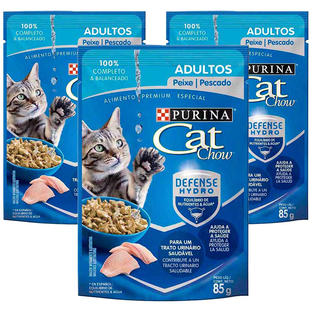 Pack CAT CHOW Adultos Pescado y Mariscos Pouch 85g x3un
