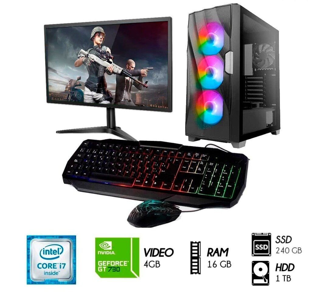 Computadora PC Gamer C0RE i7 3.2 Ghz RAM 16GB Video GT 730 4GB Disco 1TB SSD 240GB MONITOR 24""