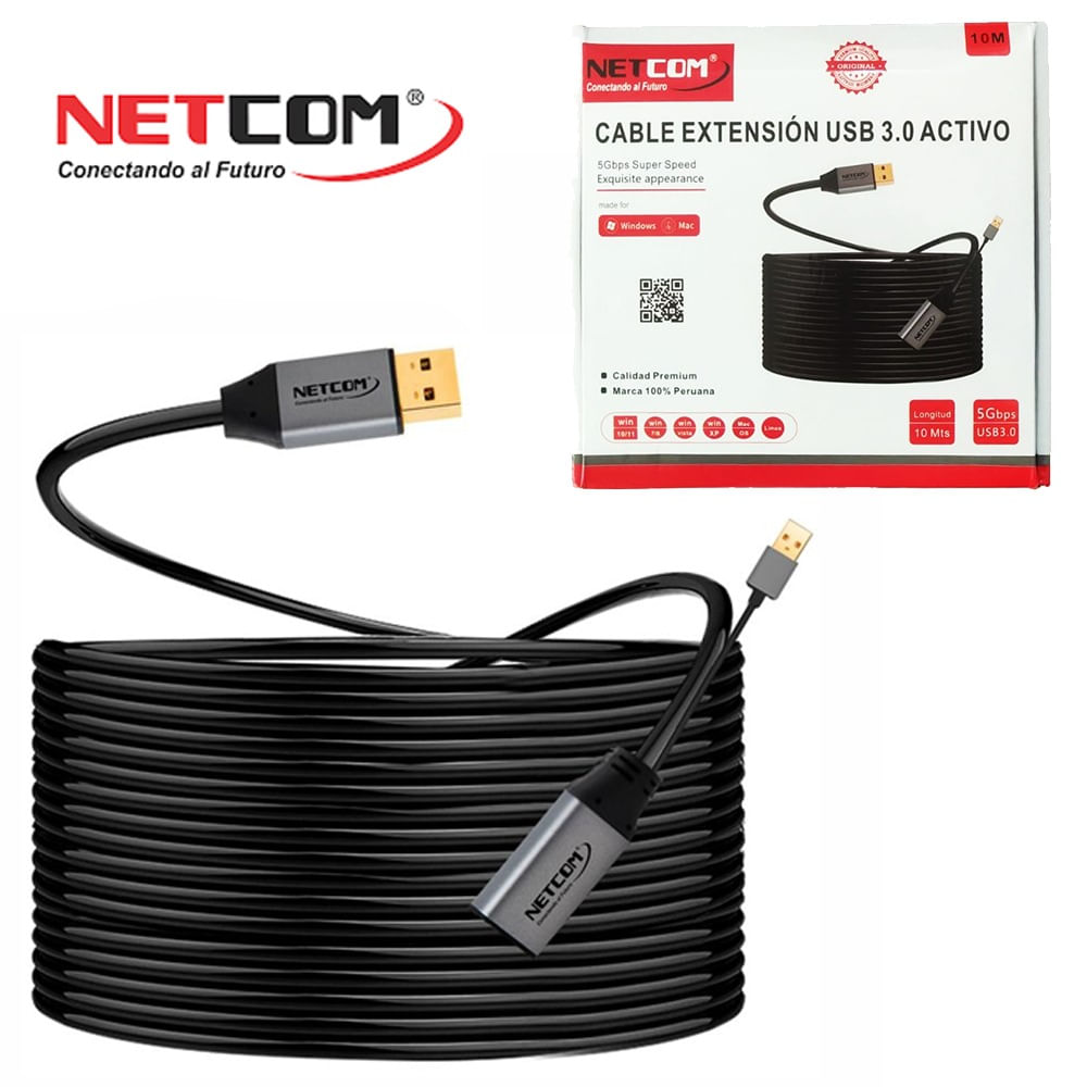 Cable Extensión USB 3.0 Activo Netcom Macho a Hembra 10 Metros