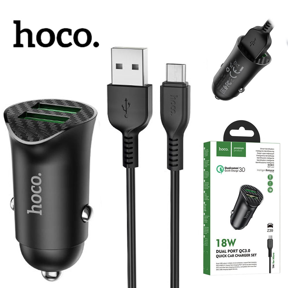 Cargador para Auto Hoco Z39 Doble USB 18w QC3.0 5A con Cable Micro USB