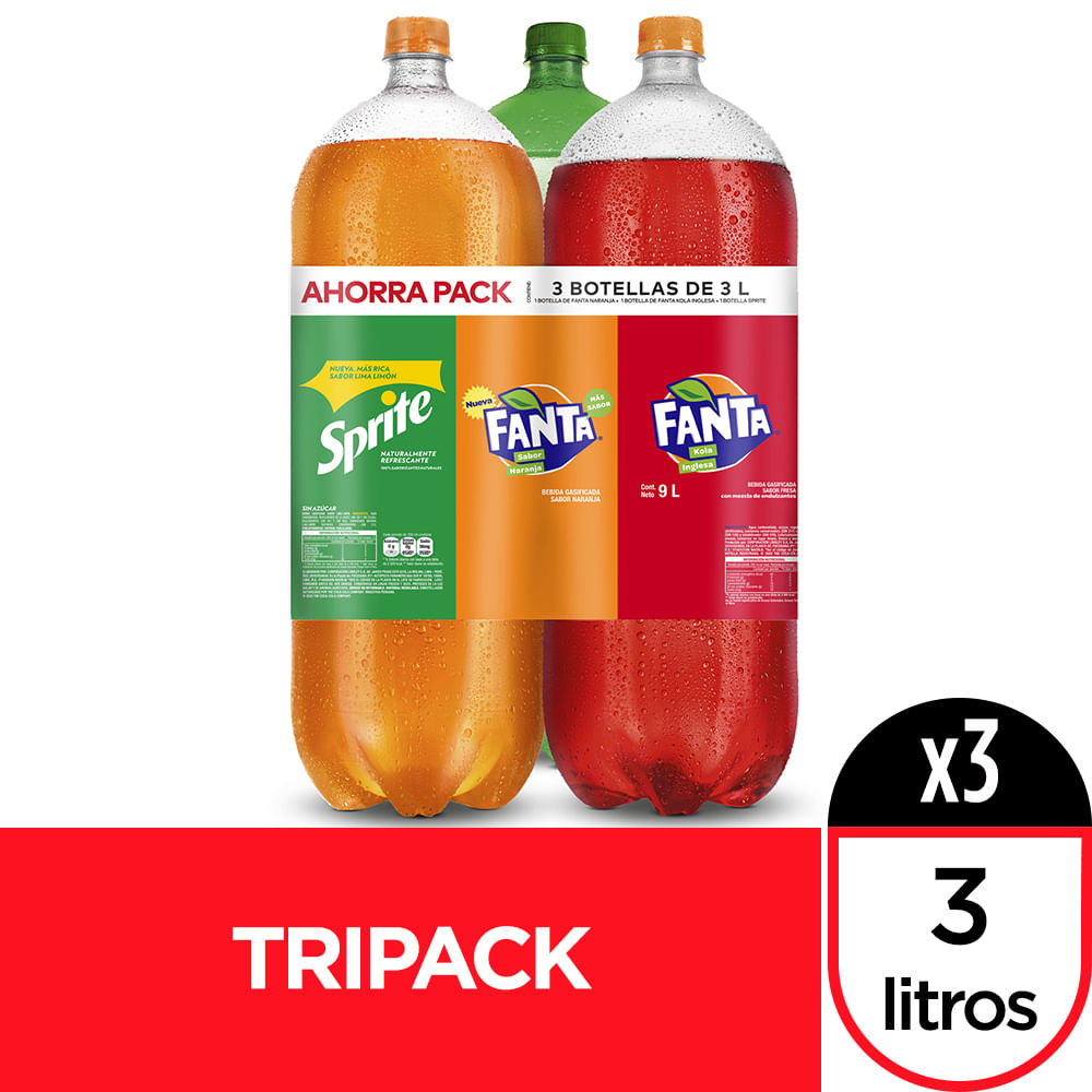 Tripack Gaseosa FANTA Naranja Botella 3L + FANTA Kola Inglesa Botella 3L + SPRITE Botella 3L